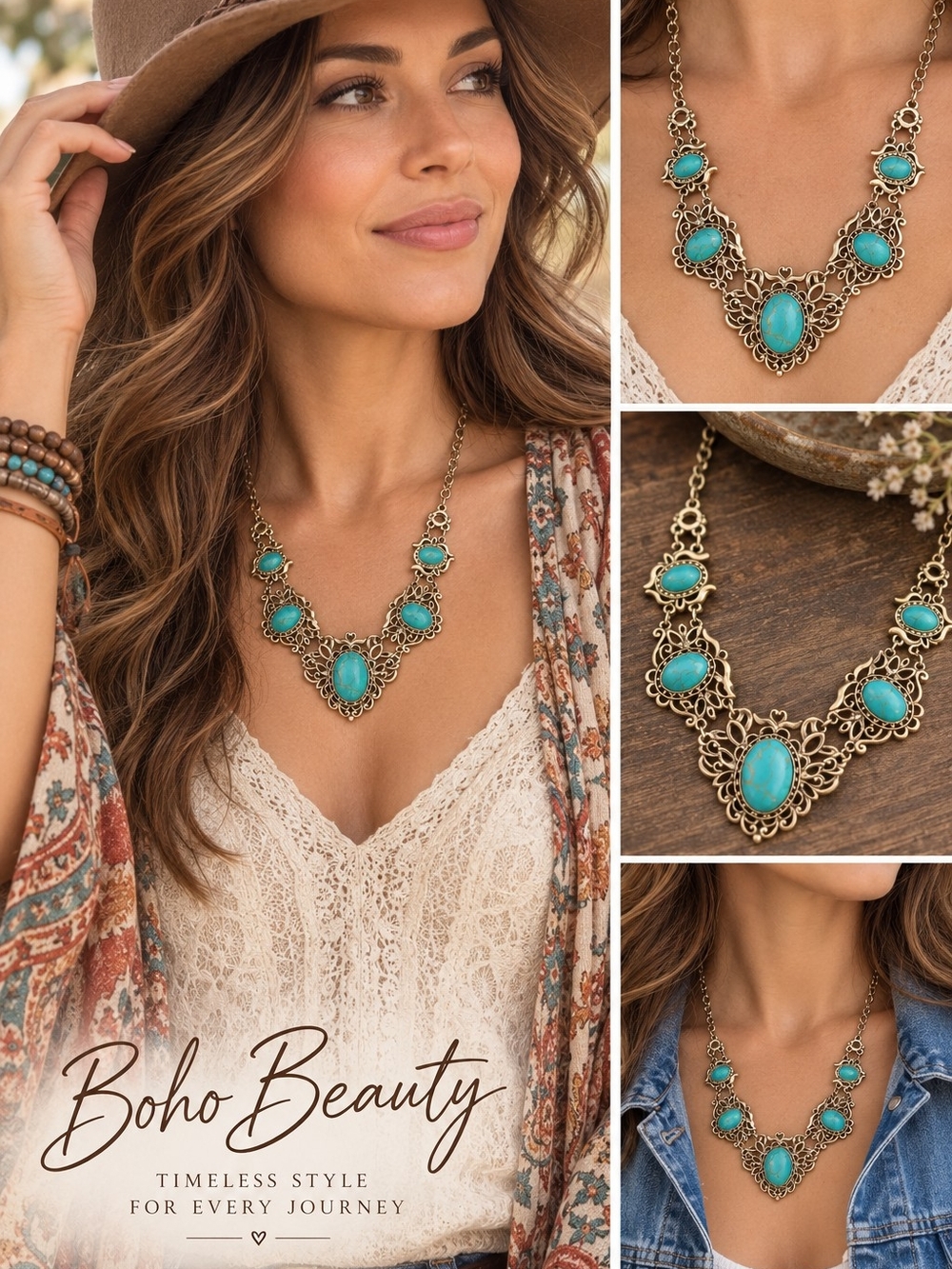 SOHO Beauty Turquoise and Gold Boho Filigree Necklace